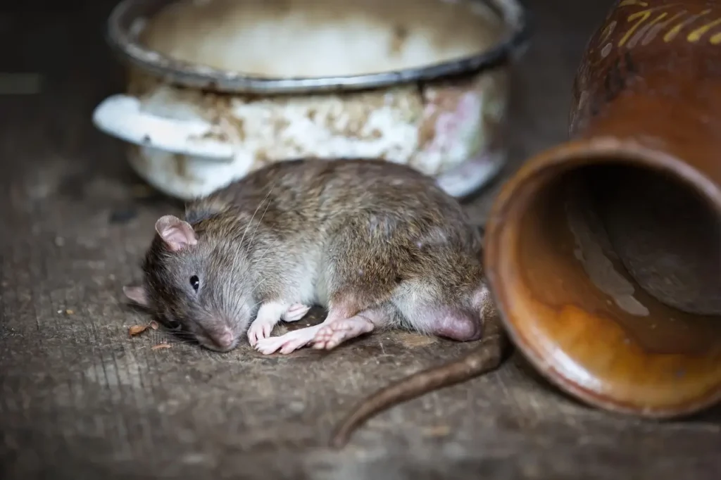 rat mort parmi des pots en céramique