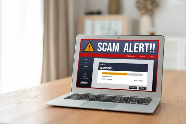 Ordinateur avec écrit arnaque dessus