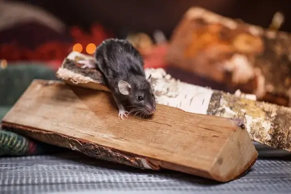 duree de vie d'un rat. Rat domestique noir sur une bûche